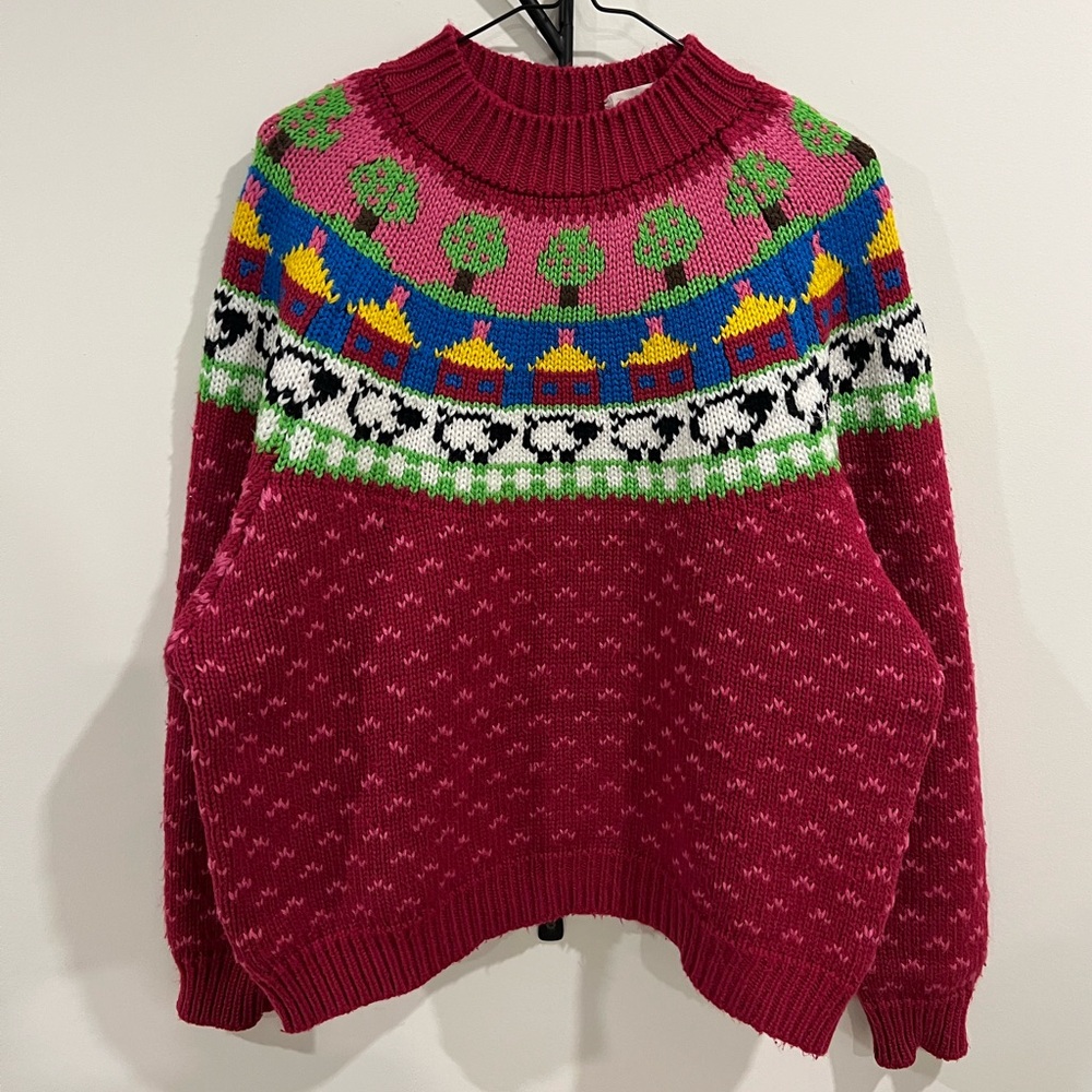 Vintage Fair Isle Women's Crew Neck Sweater with Trees and Sheep Pink Colourful